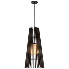 a black and white light hanging from a ceiling fixture with wooden rods attached to it