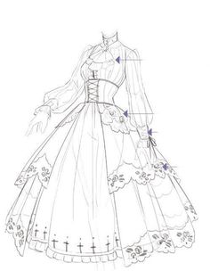 a drawing of a wedding dress with the details labelled in blue and white text on it