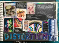 an altered book with pictures and words on it's cover, including the word distortion