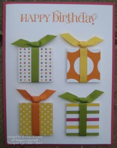 a happy birthday card with different types of gift boxes on the front and back of it