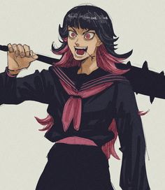 an anime character with long black hair and red eyes is holding a knife in her hand