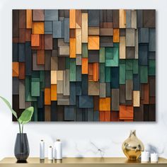 an abstract wooden wall hanging above a table