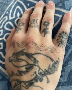 a person's hand with tattoos on it