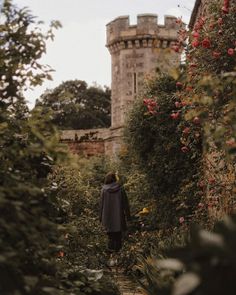 a person standing in the middle of a garden with roses growing all around them and an old tower behind them