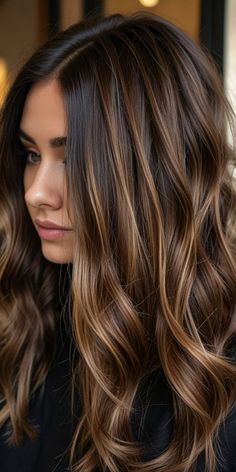 Honey Balayage Brown Hair, Brown Girl Balayage Hair, Brown Hairlights, Fall Brunette Highlights, Dark Hair With Light Brown Highlights, Dark Brown Hair With Balayage, Chocolate Balayage Hair, Balayage Hair Brown, Balayage Dark Hair