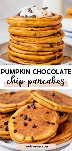 pumpkin pancakes on a white plate Pumpkin Chocolate Pancakes, Pumpkin Chocolate Chip Pancakes Easy, Pumpkin Chocolate Chip Waffles, Fall Pancake Recipes, Thanksgiving Pancakes, Pumpkin Food Ideas, Thanksgiving Breakfast Ideas, Easy Pumpkin Pancakes, Pumpkin Chocolate Chip Pancakes