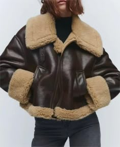 Chaqueta de cuero de piel sintética – York & Dante LLC Zara Aviator Jacket, Leather Fur Jacket, Leather Fur Coat, Short Faux Fur Coat, Faux Shearling Jacket, Fur Leather Jacket, Pu Leather Jacket, Shearling Coat, Brown Leather Jacket