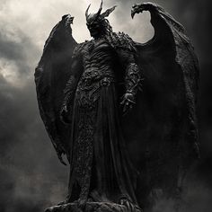 a black and white photo of a demon standing on top of a rock in the dark