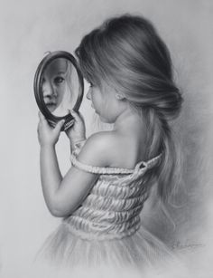 a pencil drawing of a girl looking into a mirror