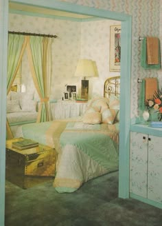 the bedroom is decorated in pastel colors