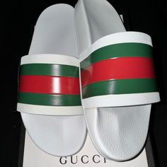 White Gucci Men's Signature Stripe Slide Sandals: -Slip On -Signature Stripe Rubber Toe Strap -Logo At Sole Edge -Synthetic Upper And Lining, Rubber Sole -Made In Italy Gucci Slide, Gucci Flip Flops, Gucci Slides, Gucci Sandals, Shoes Brand, Leather Slides, Gucci Shoes, Gucci Men, Mens Sandals