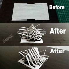 before and after photos of an origami model on a table with cutting paper