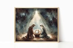 the nativity scene with three wise men and their baby jesus is depicted in this framed art print