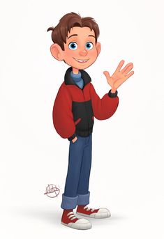 a cartoon boy with his hand up in front of the camera and wearing red shoes