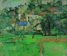 a painting of houses and trees in a green field