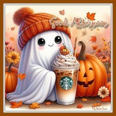 there is a ghost holding a cup of coffee with whipped cream on it and pumpkins in the background