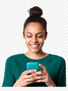 a woman holding a smart phone in her hands and looking at the screen with an excited look on her face