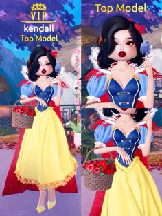 two pictures of snow white from the disney movie, one is wearing a yellow and blue dress