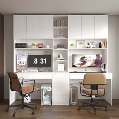 two office chairs sitting next to each other in front of a desk with a computer on it