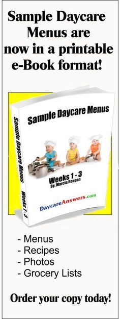 an advertisement for a book called sample daycare menus are now in a printable e - book format