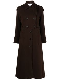 chocolate brown wool blend wide notch lapels double-breasted button fastening two side welt pockets long sleeves buttoned cuffs detachable belt central rear vent straight hem mid-length Brown Coat Women, Ivy Oak, Yoko London, City Dress, Brown Coat, Summer Beach Wear, Vacation Outfits, Lady Dior, Welt Pockets