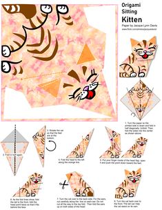 an origami cat is shown with instructions to make it