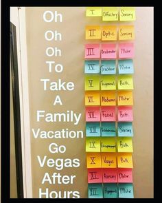 post it notes are stacked on the wall in front of a door that says oh oh to take a family vacation go vegas after hours