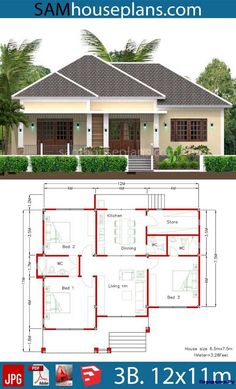 the floor plan for a house with three bedroom and two bathrooms, in different colors