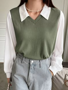 Olive Green Casual Collar Long Sleeve Fabric Colorblock  Embellished Medium Stretch  Women Clothing Winter Mode, Quick Outfits, Easy Trendy Outfits, Mode Inspo, Really Cute Outfits, Casual Style Outfits, Mode Inspiration, Casual Blouse, Lantern Sleeves