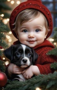 a baby is holding a puppy in front of a christmas tree