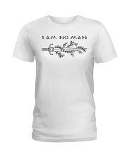 a white t - shirt with the words i am no man on it and an image of