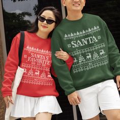 🎅 Santa & Santa's Favorite Embroidered-Look Sweatshirts (Couple's Set) 🎅 Celebrate the holidays in style with this fun and festive couple's sweatshirt set! These matching sweatshirts feature a charming faux-embroidered design--one reads "Santa" and the other "Santa's Favorite Ho Ho Ho", perfect for cozying up together this holiday season. Decorated with playful details like reindeer, Christmas trees, candy canes, and presents, these sweatshirts capture all the joy and cheer of the season. ✨ Pe Christmas Sweatshirts For Couples, Matching Sweaters For Couples Christmas, Matching Christmas Jumpers Couples, Christmas Cotton Long Sleeve Sweater, Casual Holiday Hoodie With Crew Neck, Casual Crew Neck Hoodie For Holiday, Casual Christmas Hoodie With Crew Neck, Casual Holiday Sweater With Crew Neck, Casual Crew Neck Holiday Sweater