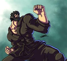 an animated image of a man in black clothes with his fist up and fists out