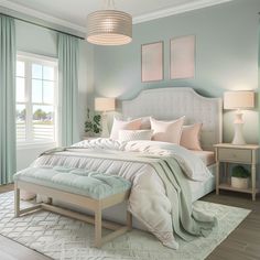 Modern cottage bedroom, decorated with soft pastels like blush pink, mint green, and baby blue, creating a tranquil and timeless atmosphere4 Green And White Color Palette, Green Bedspread, Cozy Colors Palette, Light Green Rug, White Color Palette