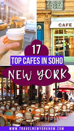 the top cafe in new york is shown with chairs and tables, and there's a woman holding a cup of coffee