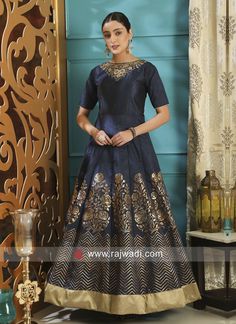 Silk Navy Blue Designer Gown #rajwadi #weddinggown #gowns #weddingwear #ethnicwear #ethnicfashion #designer #stylish #trendy Wedding Gowns Online, Silk Anarkali, Ethnic Gown, Designer Gown, Party Wear Gown, Cotton Gowns, Indian Bridal Lehenga, Fashion Gowns