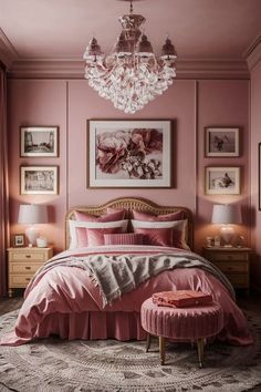 a pink bedroom with chandelier and pictures on the wall above the headboard