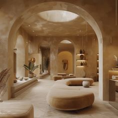 the interior of a spa with stone walls and arches