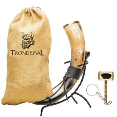 the horn is next to a bag and keychain