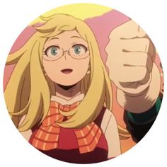 an anime character with long blonde hair and glasses giving the thumbs up in front of her