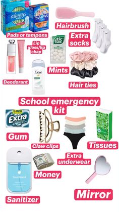 the contents of a woman's personal care kit are shown in red and white