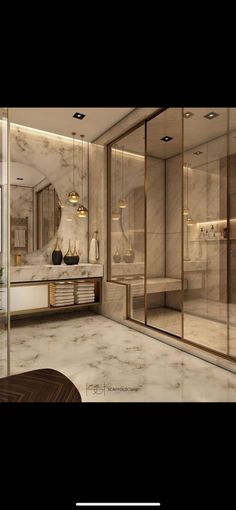 the interior of a bathroom with marble walls and flooring is shown in this rendering