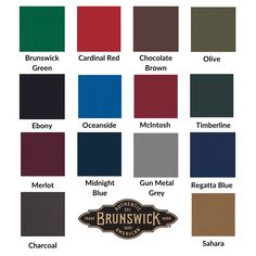 the color chart for brinswick's chocolate brown, blue, and red