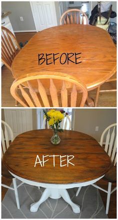 the before and after pictures of a dining room table that has been refinished