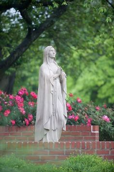 a statue of a woman standing in front of pink flowers