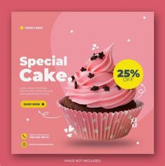 a pink poster with a cupcake on it and the words special cake written in black