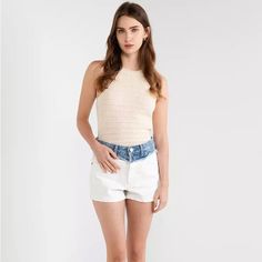 Approx Measurements Laying Flat Waist 13.5" Rise 10.5" Inseam 2.5" Hips 18" - Contrasting Denim Panel Solid Tone Shorts - Mid Rise - Regular Fit - Zip With Button Fastening - Open Pockets On The Front - Patch Pockets On The Back - Coin Pocket - Loops - Cotton Ruffled Mini Skirt, Ripped Jean Shorts, White Jean Shorts, Ripped Denim Shorts, Crochet Shorts, Zara Shorts, Zara White, Blue Denim Shorts, Shorts Women