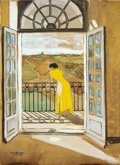 a painting of a woman in a yellow dress looking out an open door at the countryside