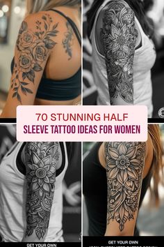 the top ten tattoos for women on her arm, shoulder and back are shown in four different