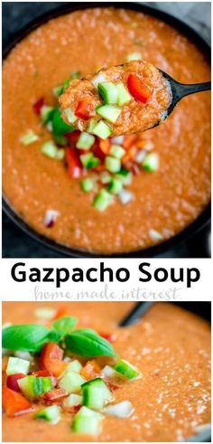 This incredible gazpacho soup is a cold tomato soup that is easy to make. Tomatoes and other fresh veggies come together in this healthy soup recipe. This easy gazpacho is a cold soup that you can serve with shrimp, or serve it as a shooter as a summer appetizer. You'll love this easy summer soup recipe! Cold Tomato Soup, Diet Soups, Summer Soup Recipes, Spanish Soup, Spanish Recipe, Cold Soup Recipes, Traditional Spanish Recipes